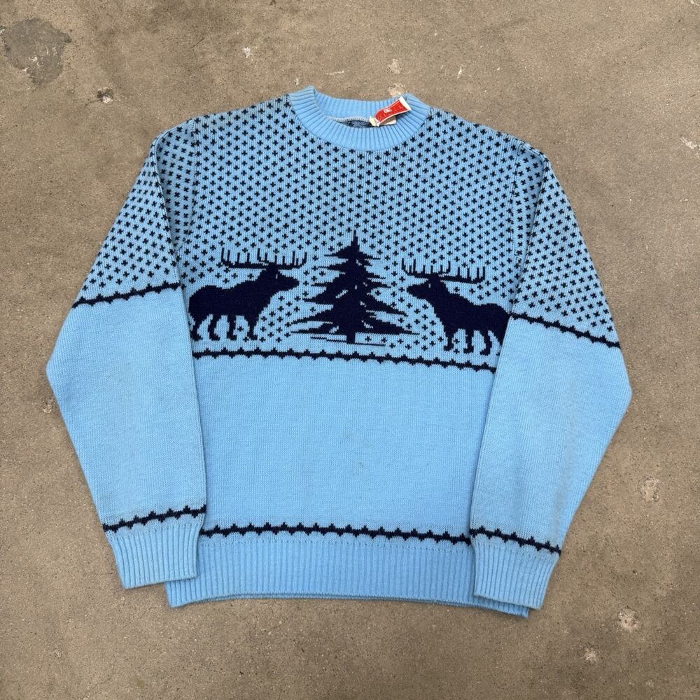 Vintage 80s Macys Men’s Store 100% Wool Moose Nordic Style Sweater Blue Med USA